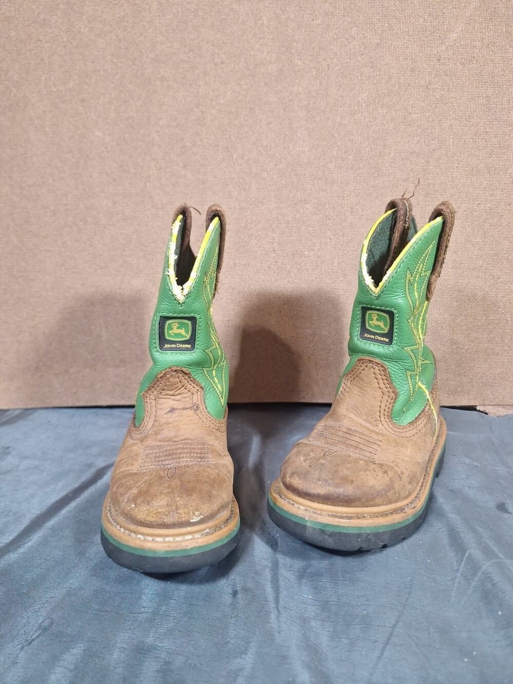 John Deere Leather Western Cowboy Boots Kids Childs Size 10M Green Brown JD2186